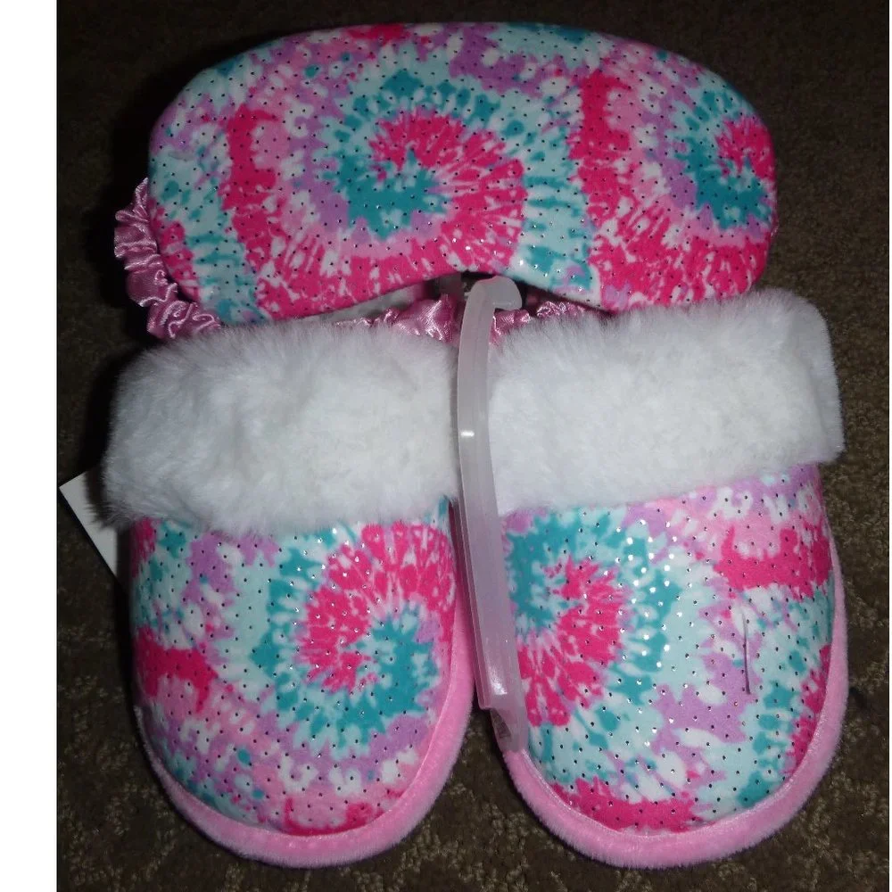 Girls Falls Creek Tie Dye Scuff Slippers & Sleep Face Mask Size 12/13 NWT